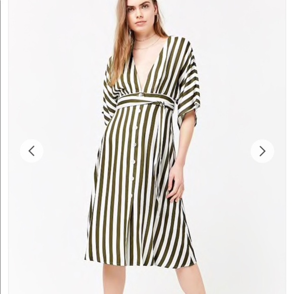 F21 Olive Green Plunging Striped Dress